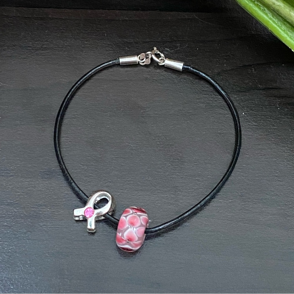 IBB 925 Sterling Silver Pink Ribbon Flower Murano Glass Skinny Leather Bracelet